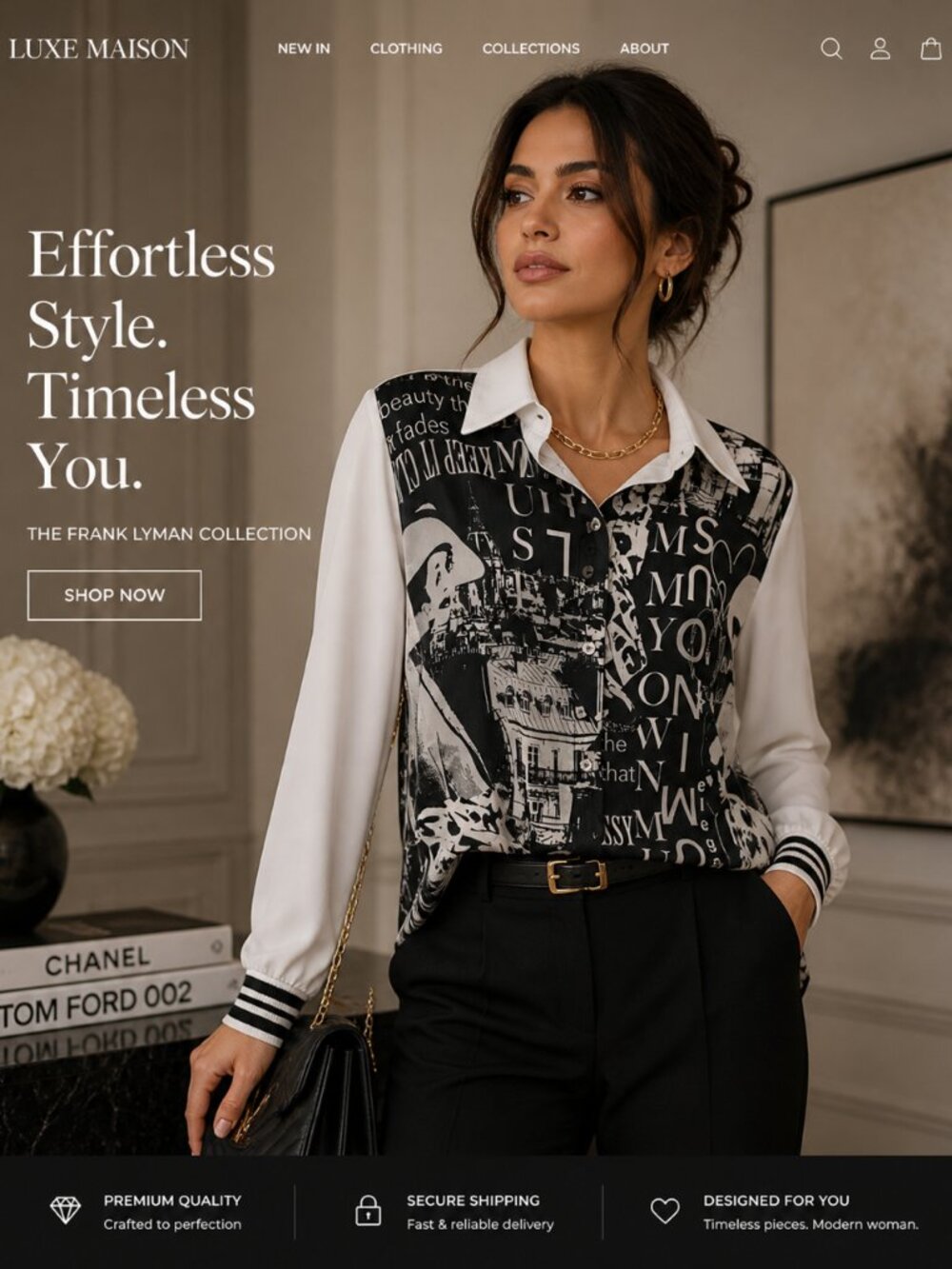 261200 Black & White Deco Silk Print Top Button Up by FRANK LYMAN